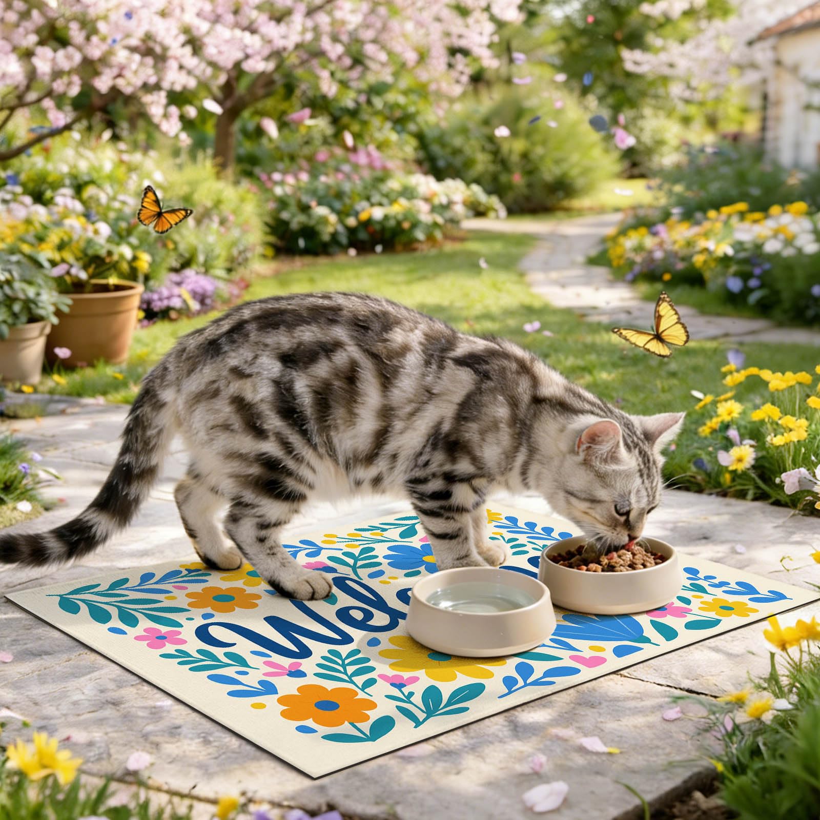HOMETITUTE Pet Feeding Mat Welcome Floral Bowl Placemat 24 x 16 Inch
