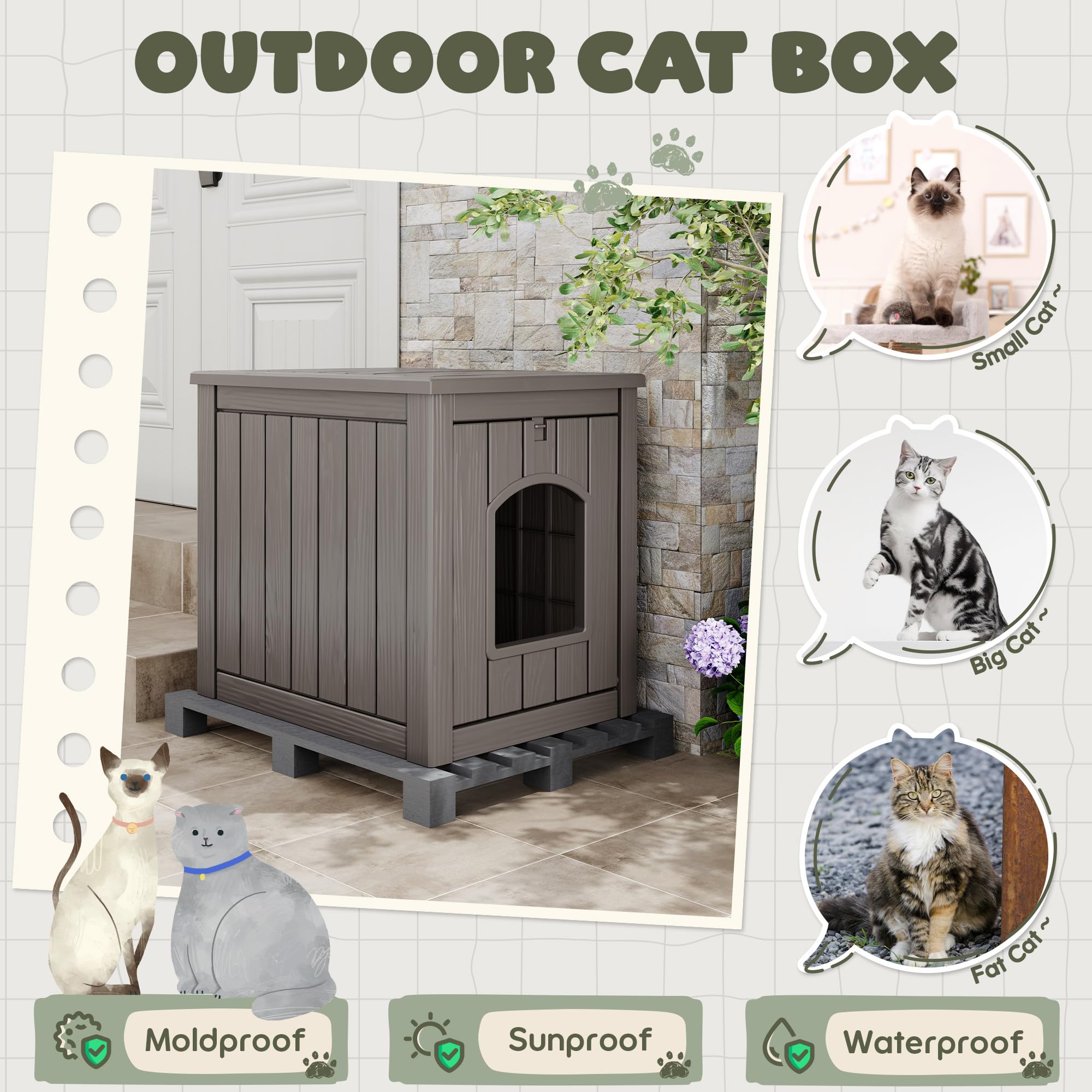 WTFGO Cat Litter Box Enclosure, Plastic Hidden Litter Box Side Table with Openable Front Door, Waterproof & Weatherproof Cat House for Indoor & Outdoor Use (Gray)