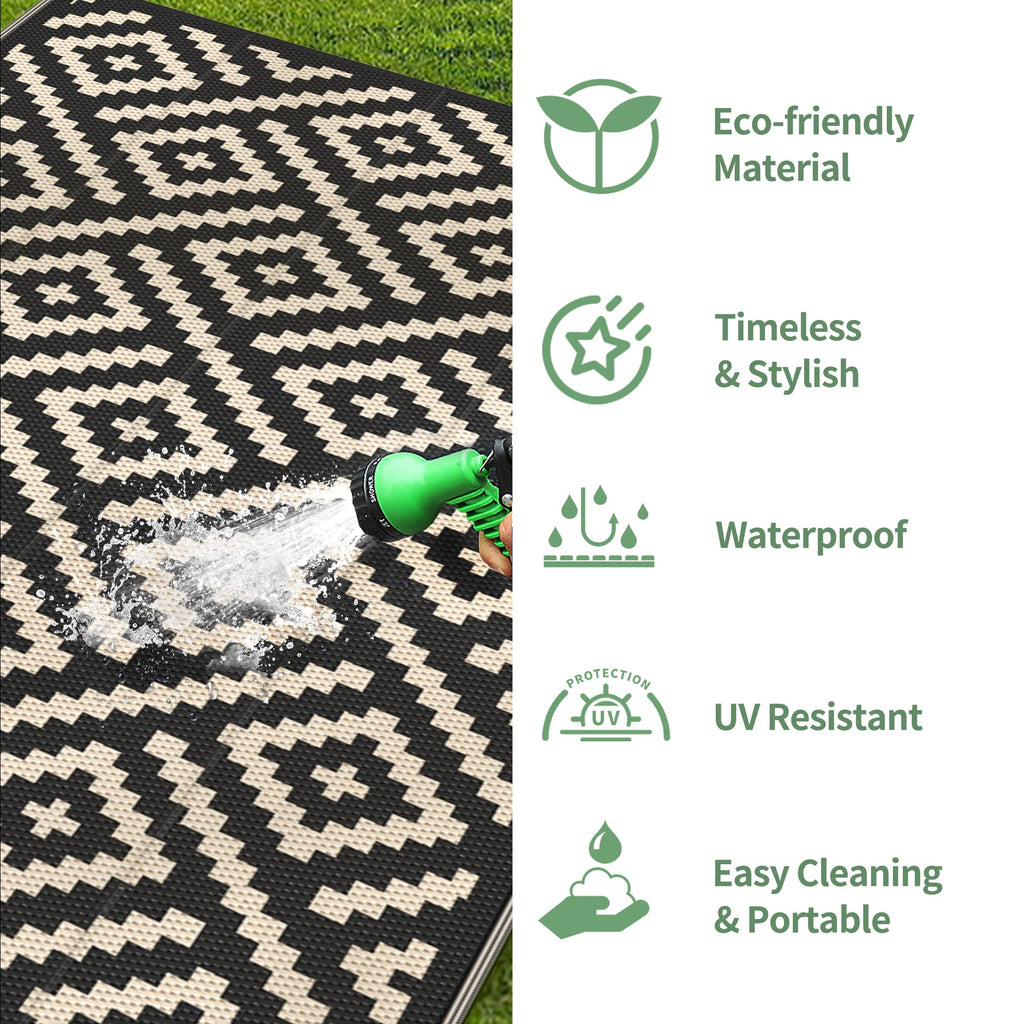 GENIMO Outdoor Rug, Waterproof Plastic Rugs 9'x12' for Camping Black Beige