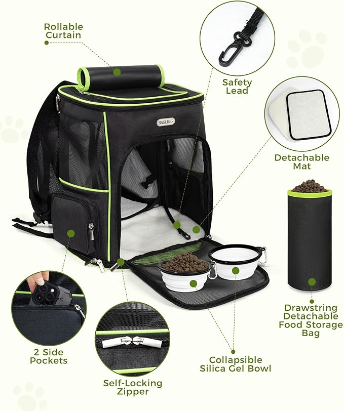 BAGLHER Expandable Cat Carrier Backpacks, Retractable Pet Carrier Backpack for Small Dogs & Cats with Breathable Mesh, Travel Bag Up to 18 Lbs for Hiking Camping Outdoor - Black