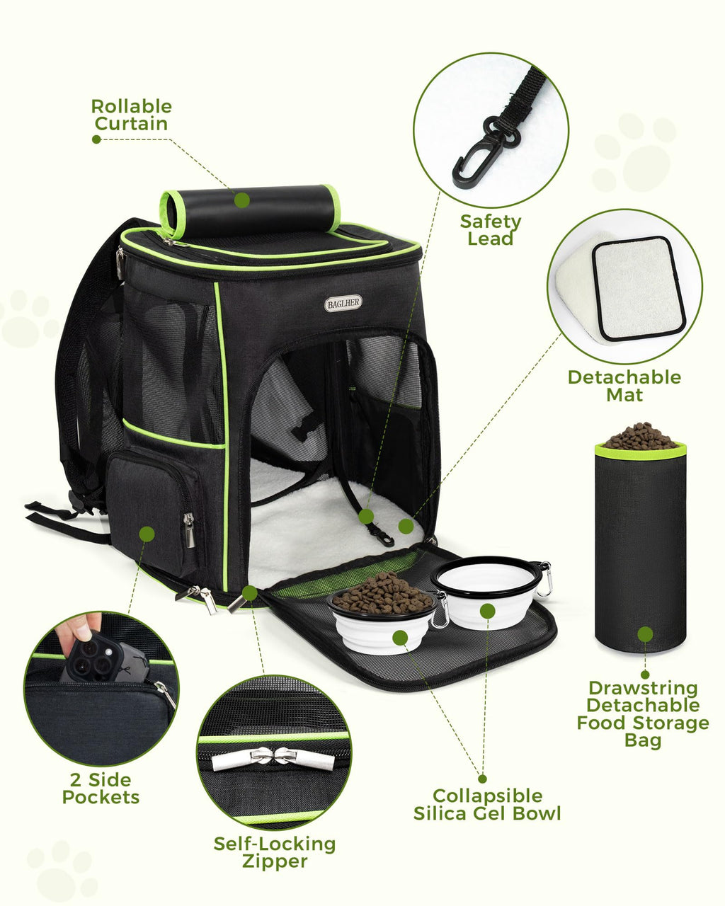 BAGLHER Expandable Cat Carrier Backpacks, Retractable Pet Carrier Backpack for Small Dogs & Cats with Breathable Mesh, Travel Bag Up to 18 Lbs for Hiking Camping Outdoor - Black