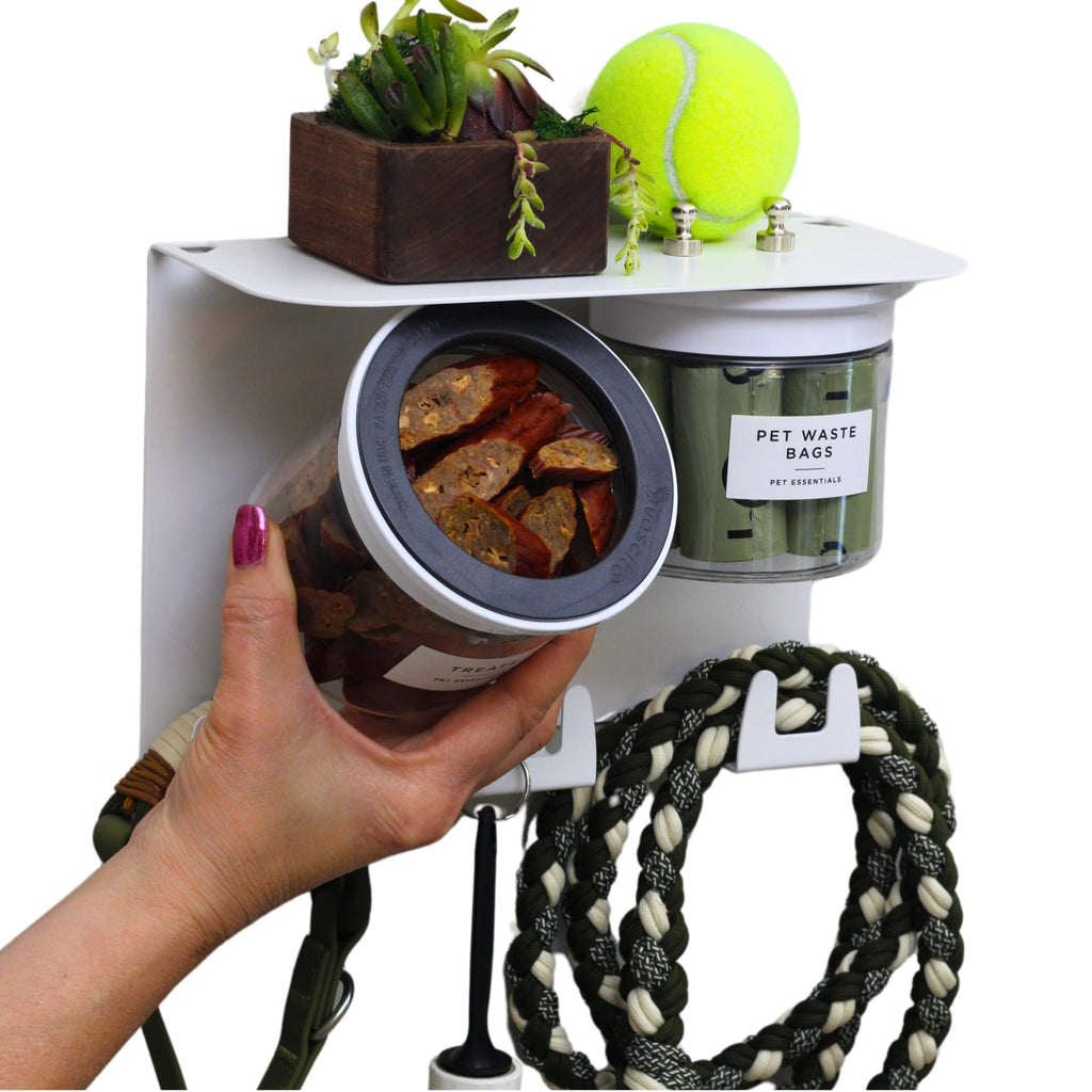 Vascito Dog Treat Holder For Wall Storage For Pets, Premium Pet Wall Organizer, Includes Two 16oz Airtight Dog Treat Jars, 3 Sets of Triple Hooks, Sturdy Shelf in Designer White
