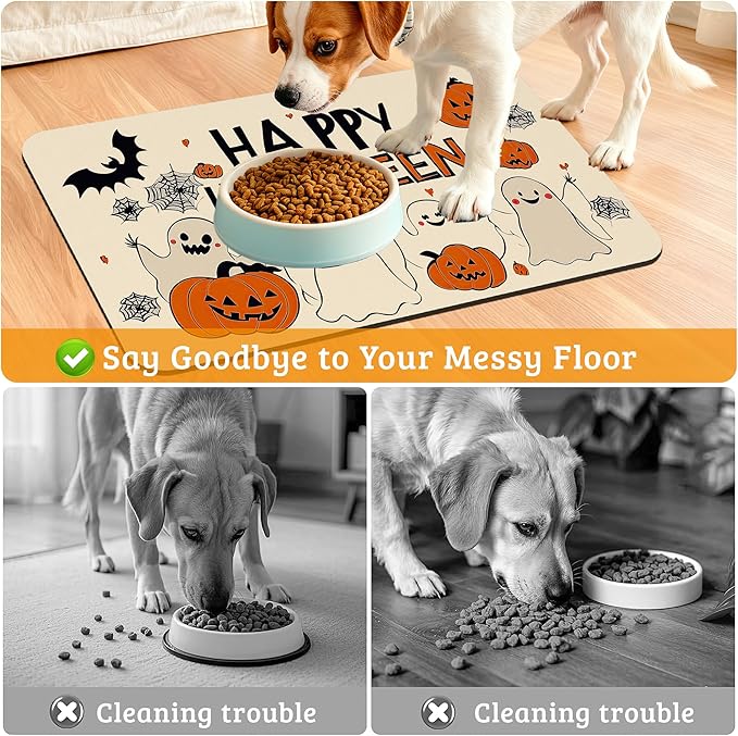 Pumpking Bat Dog Cat Food Mat,Halloween Absorbent Waterproof Placemat for Food and Water Non Slip Rubber Backing Durable Feeding Pad for Clean Floors 12" x 20"