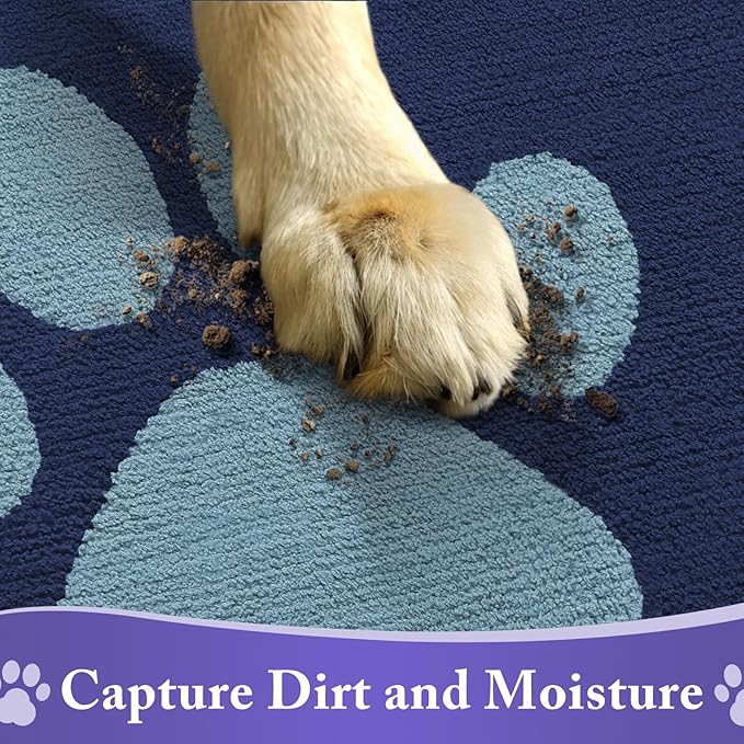 Buganda Dog Door Mat for Muddy Paws, Absorbent Dirt Trapper Washable Indoor Doormats, Non Slip Low-Profile Mud Mat for Dogs, Front Entrance Doormat for Inside Floor (30x20 Inches, Dark Blue)