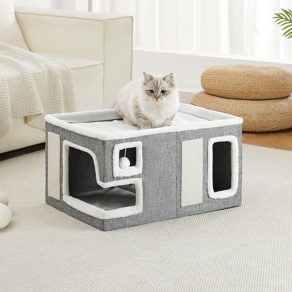Crispedia Large Cat Houses for Indoor Cats, Extra Wide Cat Cave Bed with Scratch Pad and Fluffy Ball, Foldable Cat Hideaway Condo for Large Cats, Modern Kitten Bed,23x16x13 inches (Grey, X-Large)