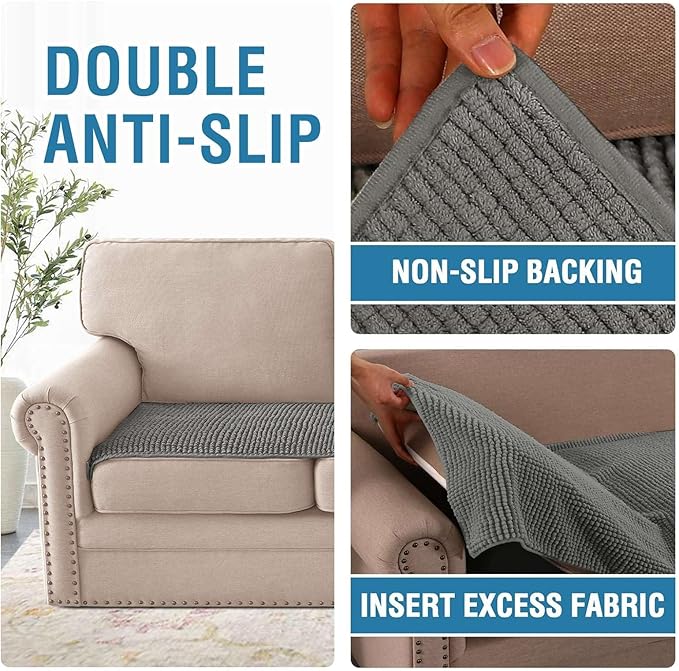 H.VERSAILTEX Plush Chenille Couch Cover for 3 Cushion Couch Anti Slip Washable Sofa Slipcovers Soft and Durable Furniture Protector for Dogs Cats Kids (27.5" x 82", Gray)