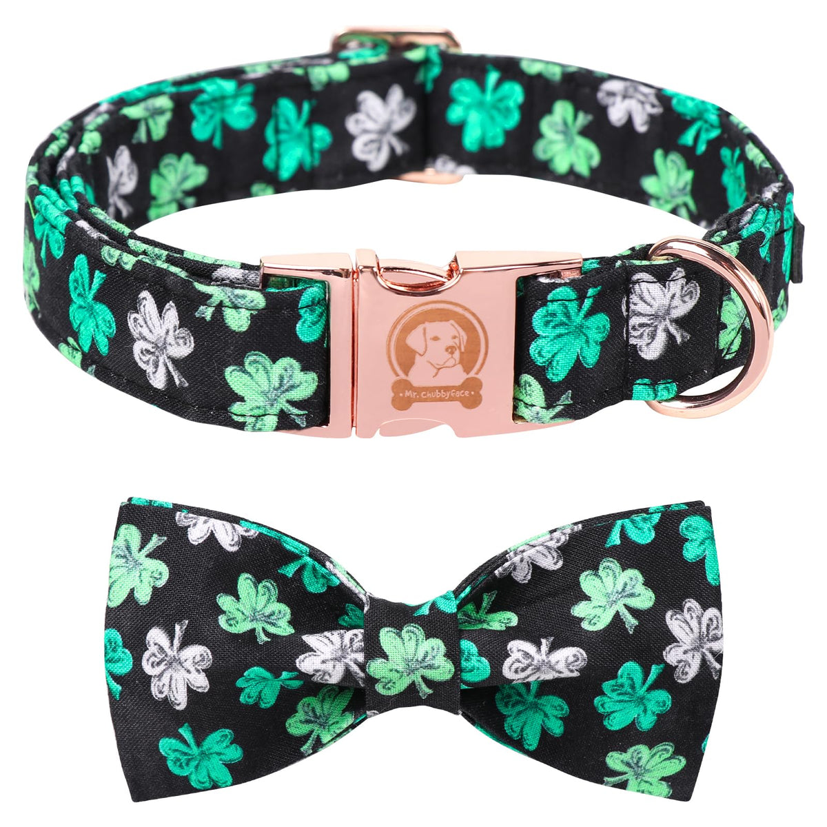 MR. CHUBBYFACE· St.Patrick's Clover Dog Collar with Bowtie, White Green Clovers Shamrock Pet Collar with Metal Buckle, Soft Adjustable Puppy Collar for Small Medium Large Dogs