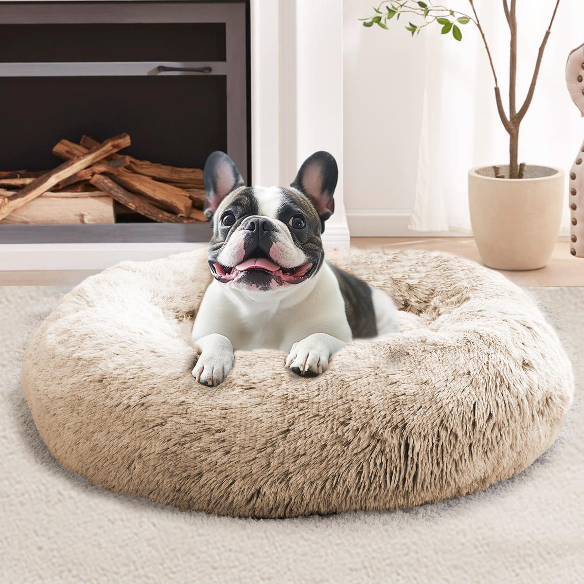 JOLLYVOGUE Calming Dog Bed for Small Dogs - 23 inches Donut Washable Small Dog Bed for Kittens & Puppies, Anti-Slip Round Fluffy Plush Faux Fur Cat Beds (Fits up to 25 lbs Pets, Purple)