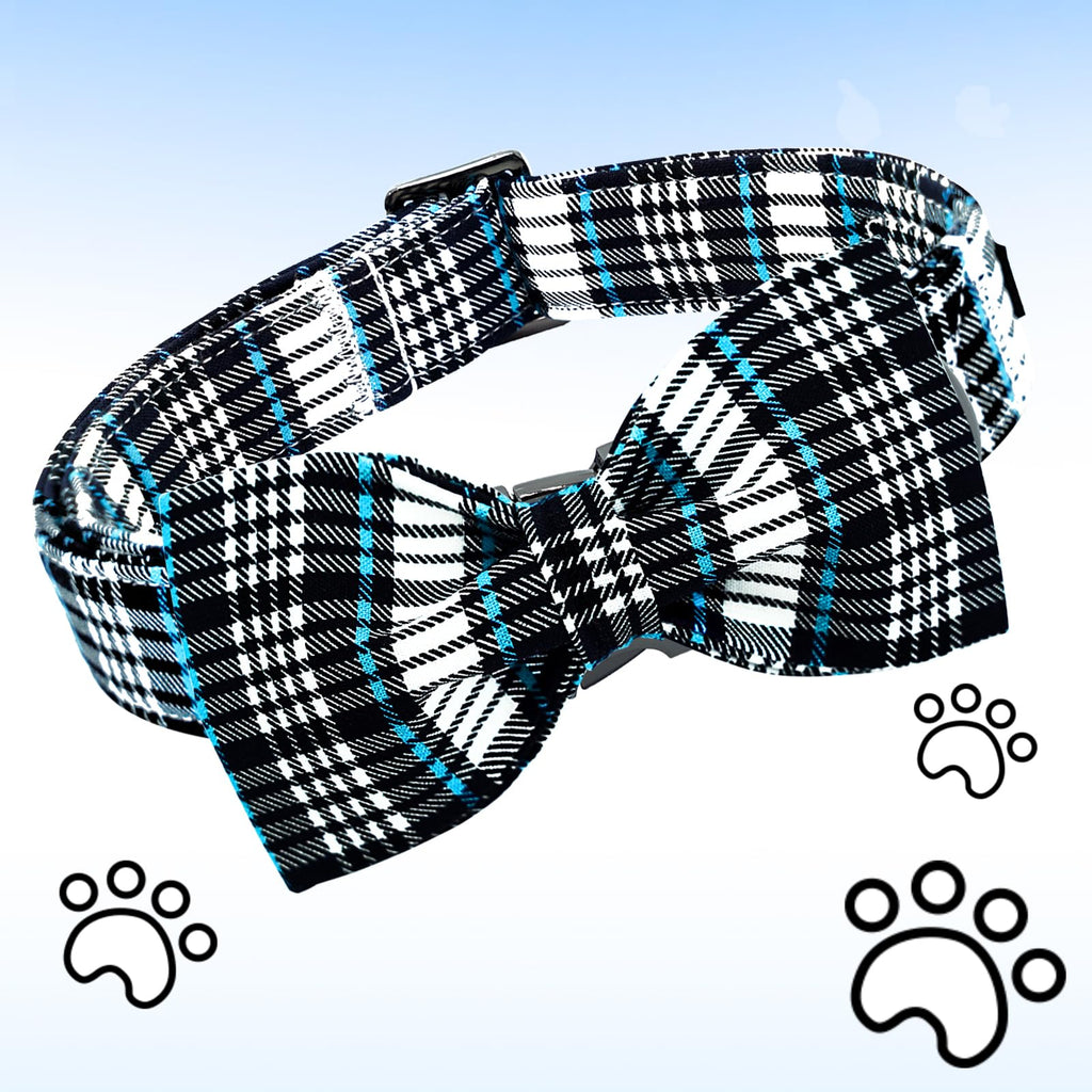 Lionheart glory Dog Bow Collar Blue and Black Plaid Dog Collar for X-Small Dogs,Boy Dog Collars with Bowtie Spring Summer Collars Soft Adjustable Pet Collar Bows