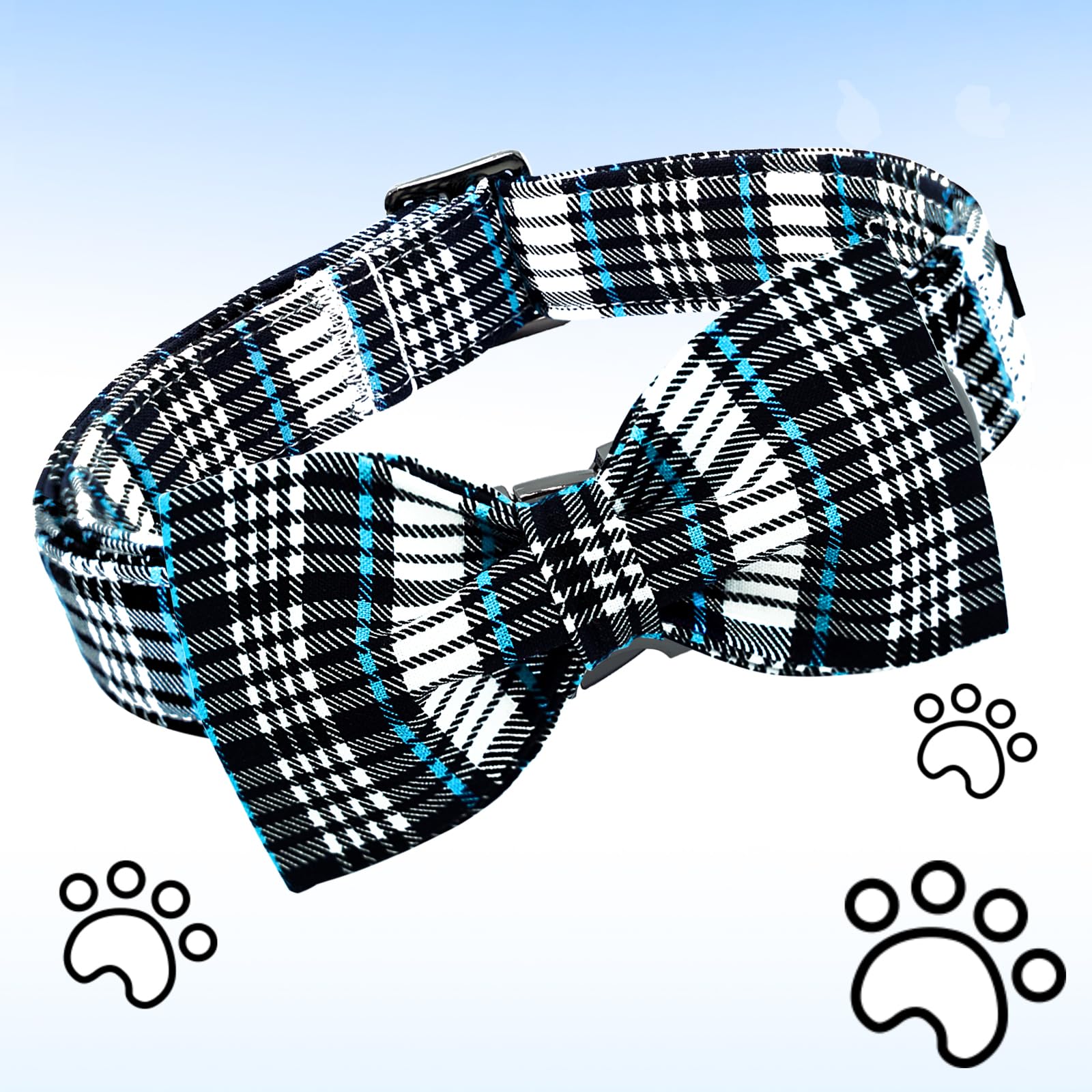 Lionheart glory Dog Bow Collar Blue and Black Plaid Dog Collar for X-Small Dogs,Boy Dog Collars with Bowtie Spring Summer Collars Soft Adjustable Pet Collar Bows