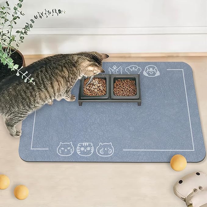 YCT Cat Food Mat, Cat Mat for Food and Water, Pet Feeding Mat, Non-Slip Super Absorbent, with Multiple cat Heads Logo, 18.1 x 11.8 inches
