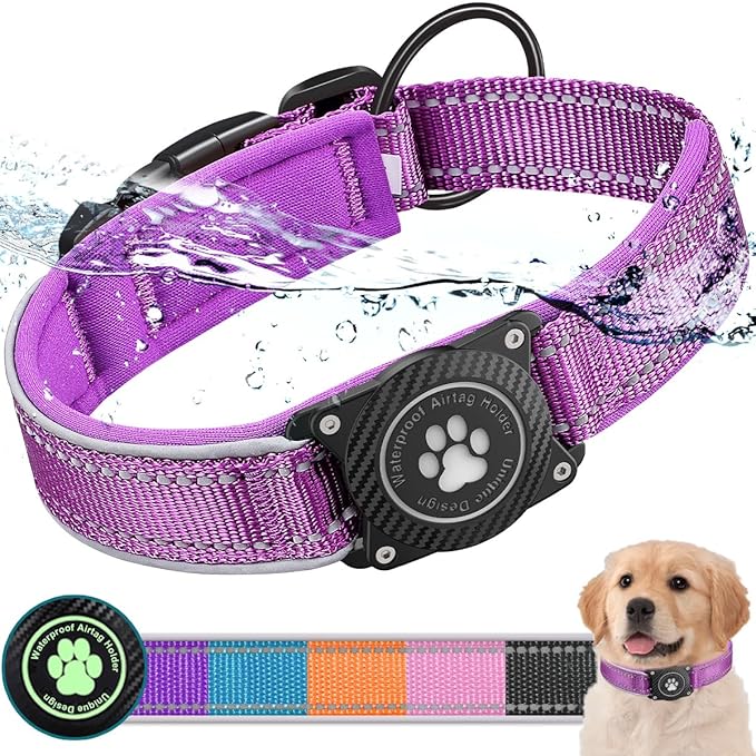 Airtag Dog Collar with Waterproof Air Tag Holder, Luminous Reflective, Soft Padded, Adjustable Nylon Pet Collar for Small Medium Large Heavy Duty Dogs,Purple, S