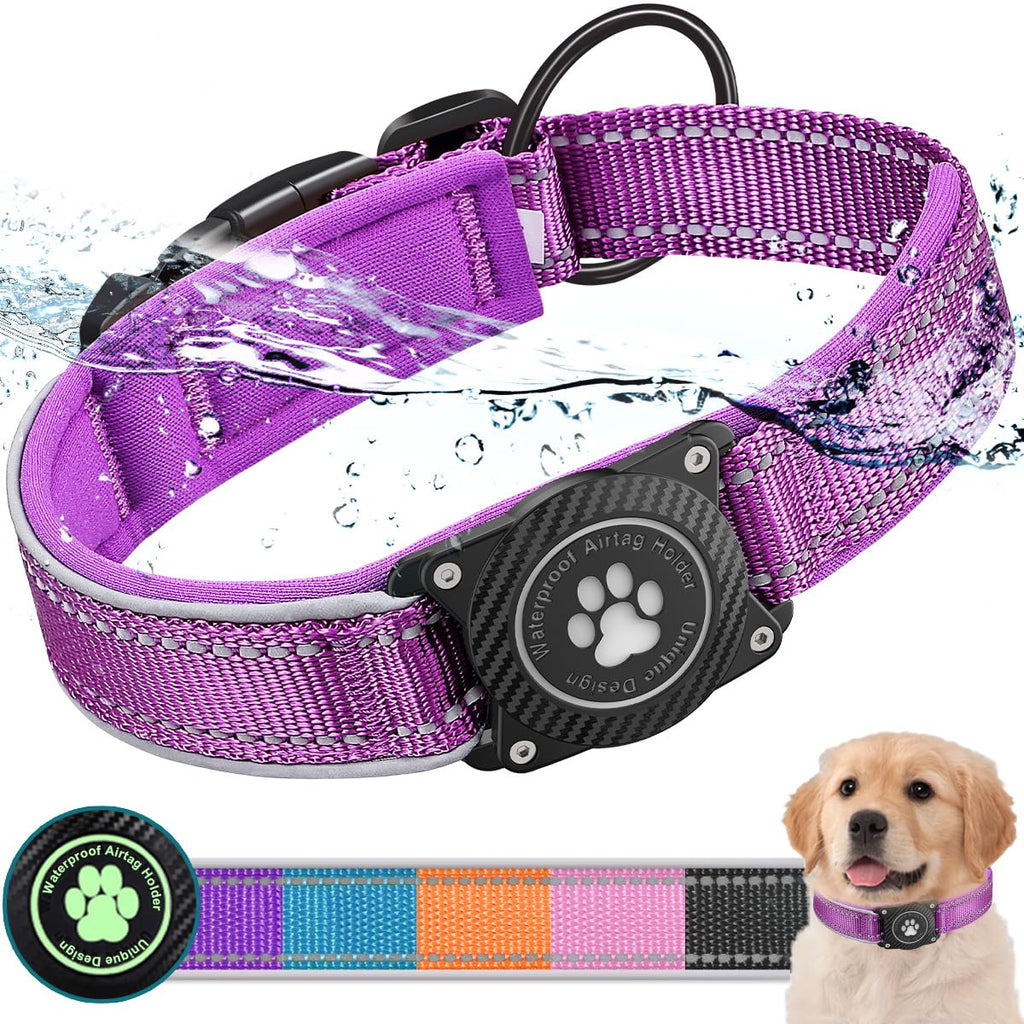 OKVSKO Airtag Dog Collar with Waterproof Air Tag Holder, Luminous Reflective, Soft Padded, Adjustable Nylon Pet Collar for Small Medium Large Heavy Duty Dogs,Purple, S