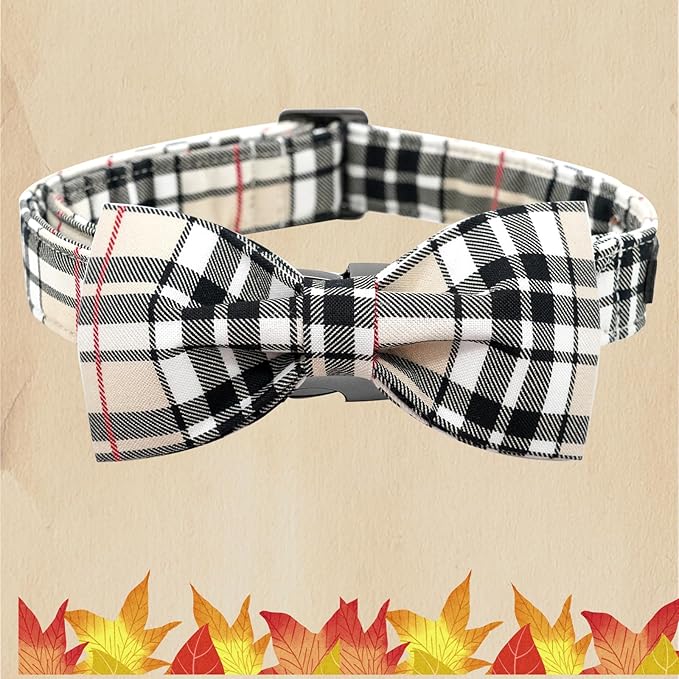 Bobo Rainbow Classic Beige Plaid Dog Collar with Bow for X-Large Dogs