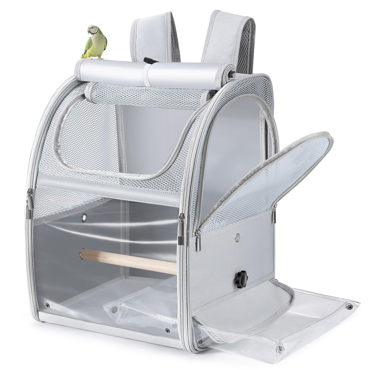 Sanmoncare Bird Carrier Backpack with 2 Adjustable Perches, Water-Repellent Parrot Travel Cage with Stainless Steel Tray, Breathable Pet Carrier for Cockatiels, Conures and Vet Visits