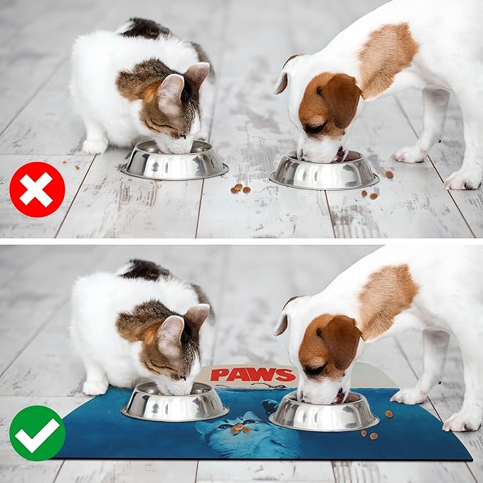 Cat Food Mat - Pet Feeding Mat for Floor, Non-Slip, Waterproof, Super Absorbent, Easy to Clean, Blue, Cat, Dog 18.1''x9.8''