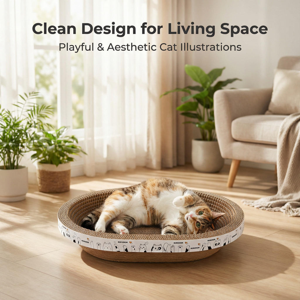 All-in-One Cardboard Cat Scratchers for Indoor Cats, Oval Cat Scratch Box & Lounger Beds Kitten Loves, Durable Cat Scratching Pads + Bonus Toys Couch Cat Scratch Protector