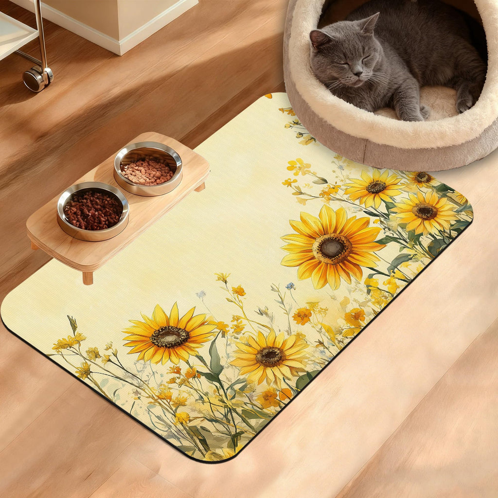 Yellow Floral Feeding Mat,Sunflower Absorbent Quick-Dry Cat Dog Food and Water Bowl Mats,Non-Slip Rubber Backing Mat,Cat Dog Accessories Supplies 16" x 24"