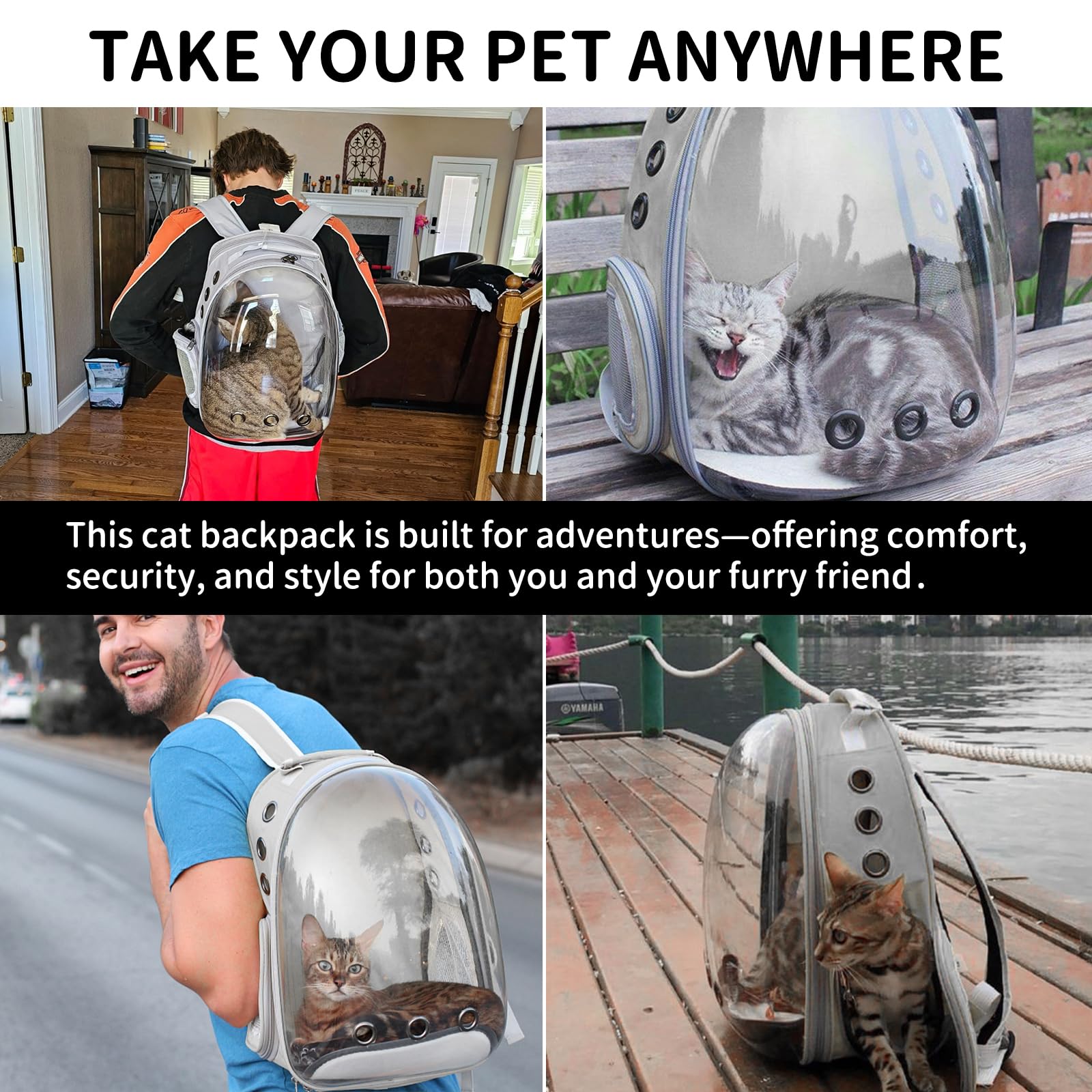PETSWEET Cat Backpack Carrier, Back Expandable Pet Backpack with Bubble Window, Airline Approved Pet Travel Bag for Small/Medium Cats & Puppies, Hiking, Camping, Outdoor Use (Grey)