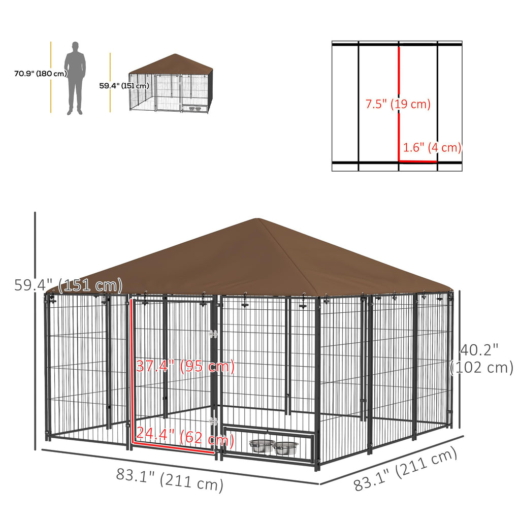 PawHut Outside Dog Kennel, 7' x 7' x 5' Puppy Play Pen with Canopy, Garden Playpen Fence Crate Enclosure Cage Rotating Bowl, for Dogs, Chickens, Ducks, Black