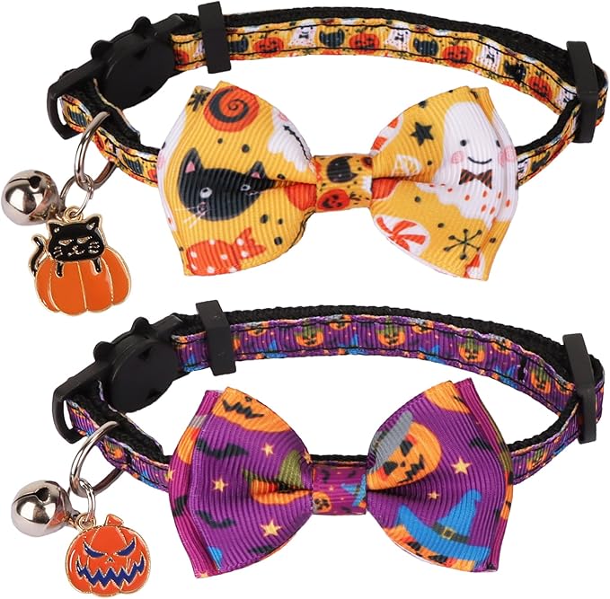 ADOGGYGO Halloween Cat Collar Breakaway, Pumpkin Cat Bow Tie Collar