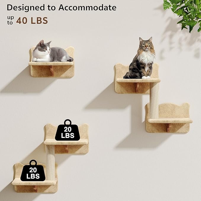 13-in-1 Cat Wall Shelves, Wall Mounted Cats Furniture Set with Plush Fabric, Cat Climbing Wall Systems, Cats Shelf with Moon Hammock, Condo, House, Step, Bridge Ladder, Scratching Post, Beige