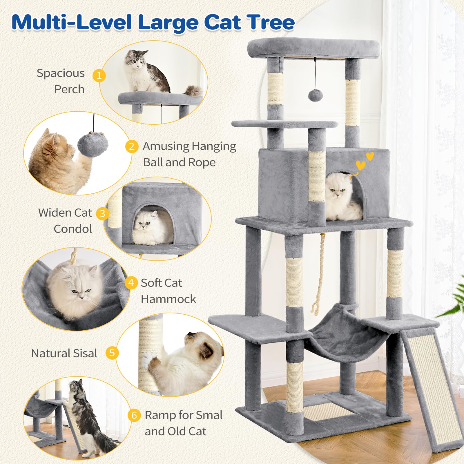 ABCPET 63" Multi-Level Cat Tree Tower for Indoor Cats, Light Grey