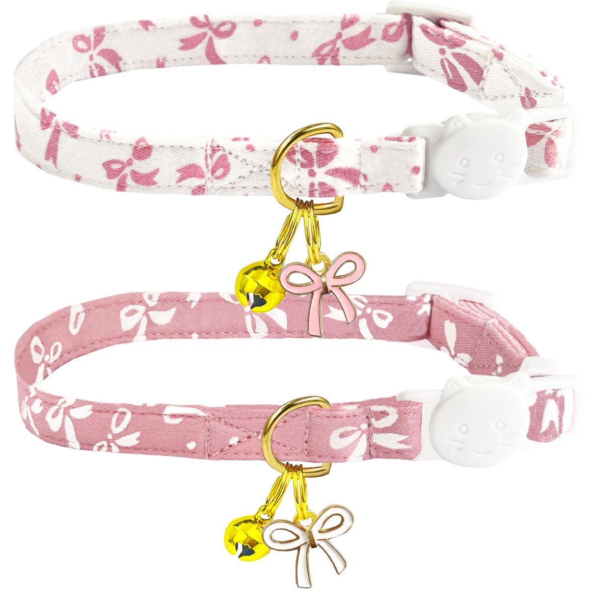 2 Pack Cotton Breakaway Cat Collars Set with Bell and Flower Pendant, Cute Floral Fruit Patterned, Adjustable 7.5-11Inch, Include A Mouse Toy Gift (Yellow+Navy Flower)