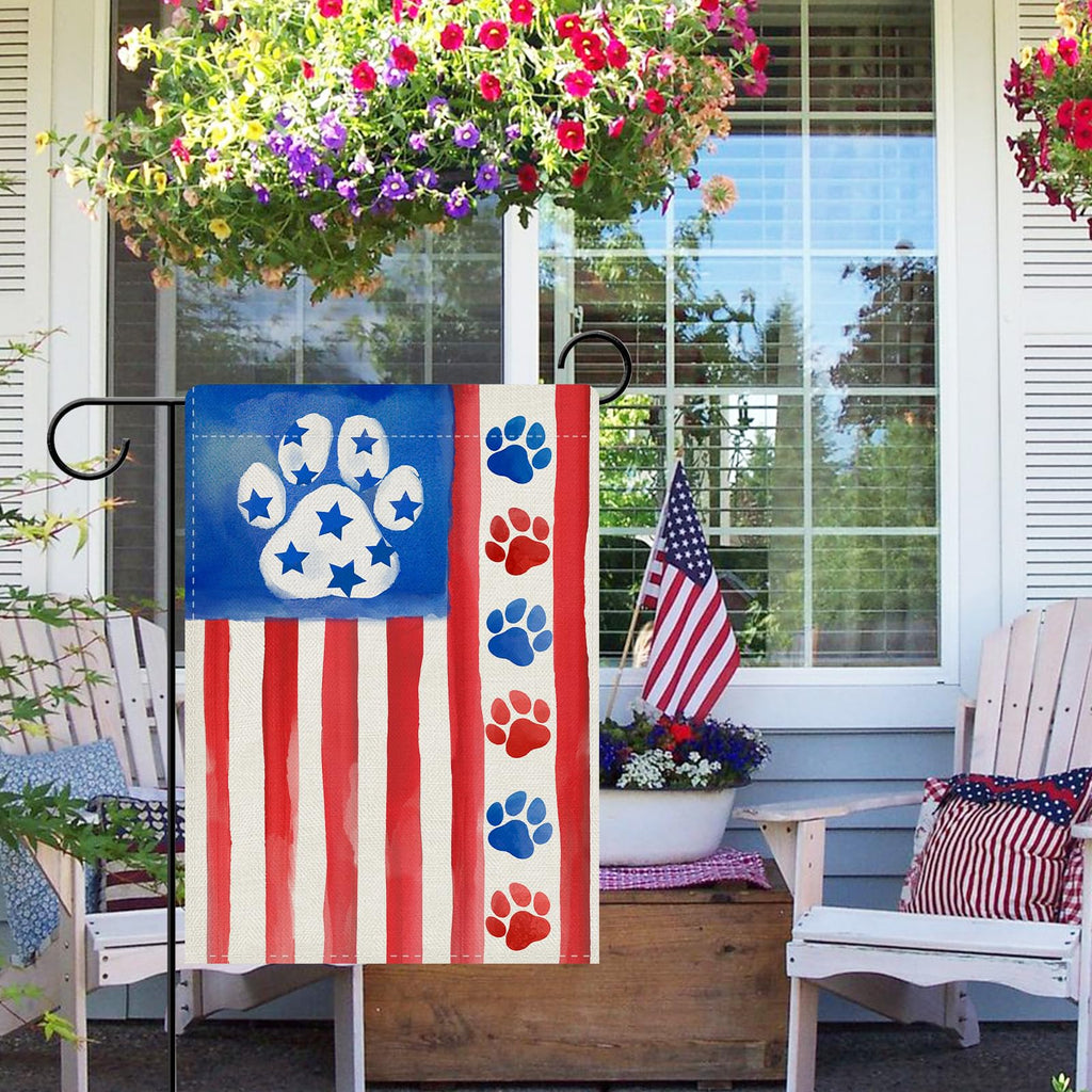 Dyrenson 4th of July Dog Cat Paw Prints Decorative Garden Flag, Patriotic