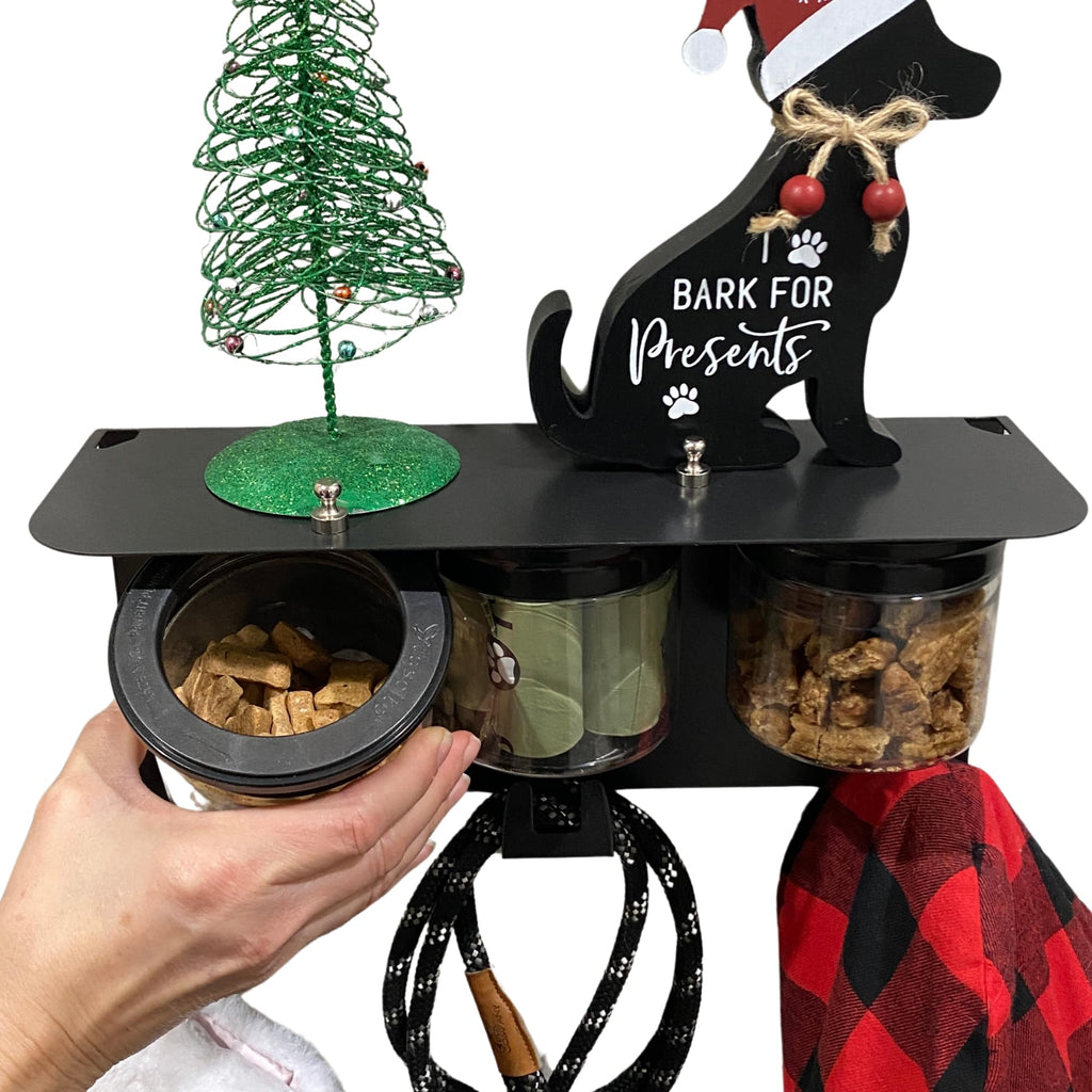 Vascito Dog Treat Holder For Wall Storage For Pets, Premium Pet Wall Organizer, Includes Three 16oz Airtight Dog Treat Jars, 3 Sets of Triple Hooks, Sturdy Shelf in Modern Black