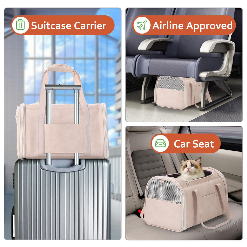 Lasaviin Fashion Leather Dog Carrier Cat Carrier Airline Approved Pet Carrier for Small Medium Dogs Cats Under 15Lbs, Collapsible Soft Sided Travel Puppy Carrier White