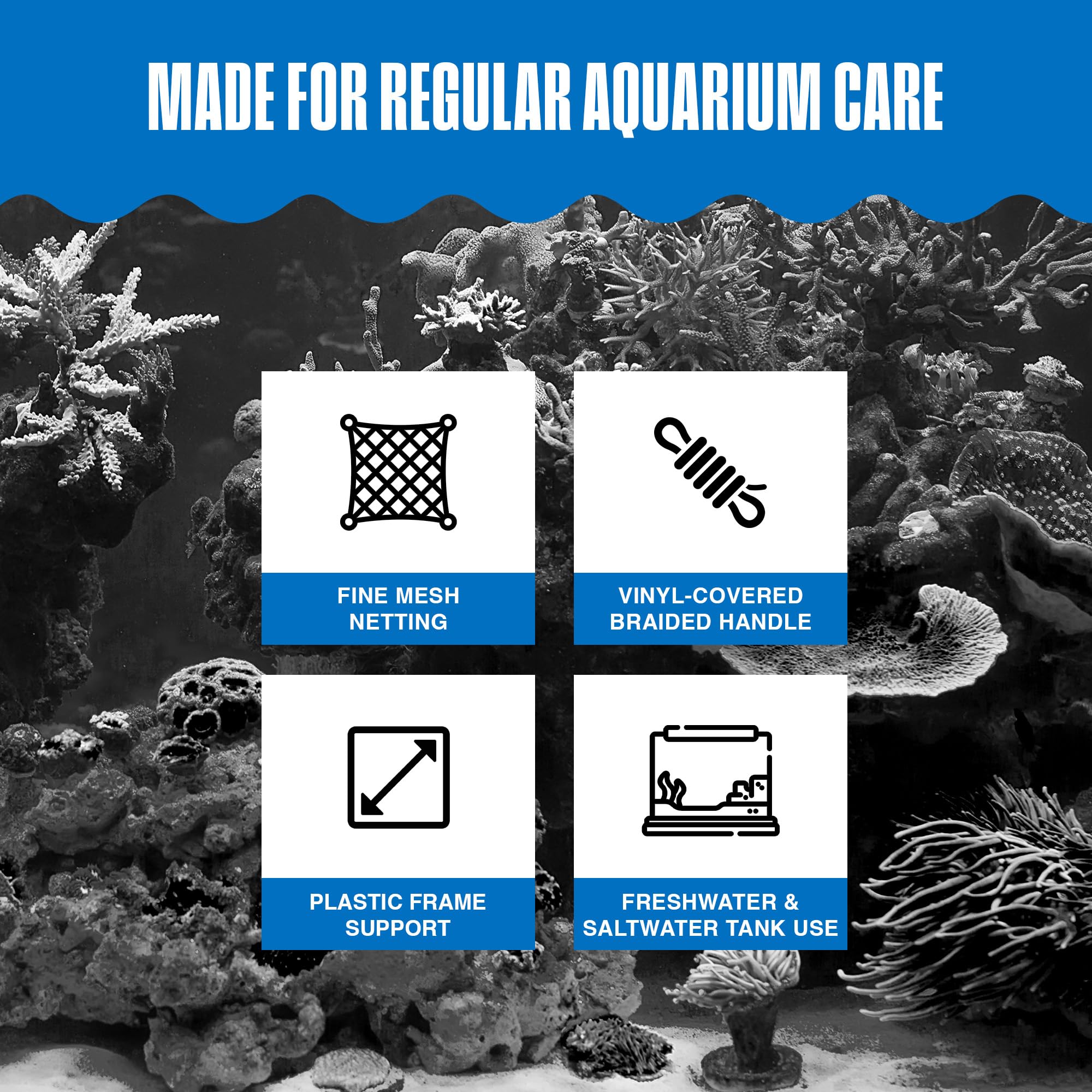 Penn-Plax Quick-Net Aquarium Fish Net - 8 x 6 in Fine Mesh, 10 in Vinyl-Covered Braided Handle - Small Aquarium Cleaning Tool for Gentle Fish Handling - Use in Freshwater & Saltwater Tanks - Blue