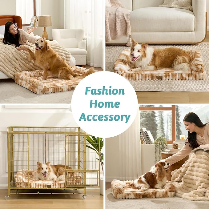 Cute Dog Bed for Extra Large Dogs, Faux Rabbit Fur Orthopedic Dog Bed with Sides, Removable Washable Cover & Waterproof Lining, Comfortable Pet Couch, Tie-Dye Brown (48" L x 35" W x 7.5" Th)