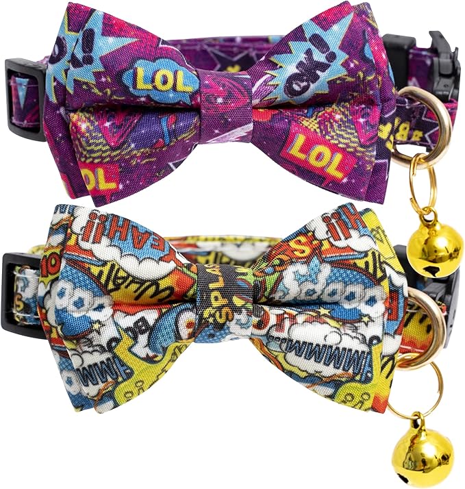Faygarsle 2 Pack Cotton Designer Breakaway Cats Collar with Bow Tie and Bell Cat Collars for Girl Female Cat Collar with Bell Collars for Cats Flower Pattern