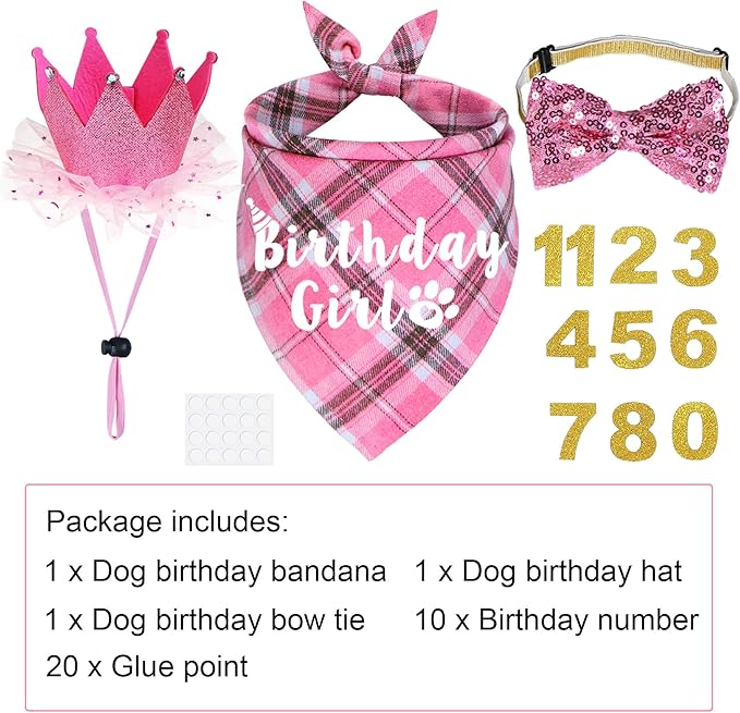 Dog Birthday Party Supplies, Multi Sizes Dog Birthday Hat Crown with Numbers Bandana Girl Bow Tie for Medium Large Dogs Pets (Pink, Large)