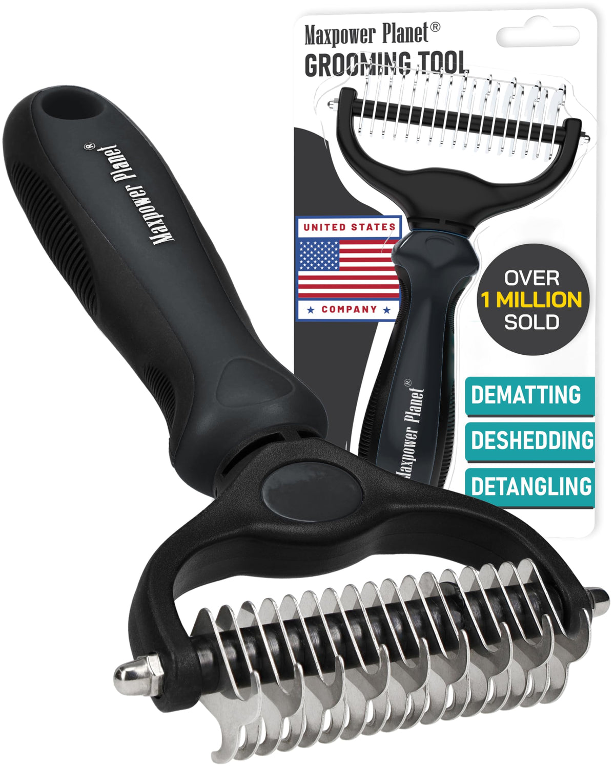Maxpower Planet Pet Grooming Brush - Double Sided Dematting Undercoat Rake for Dogs and Cats, Extra Wide Pet Brush to Reduce Shedding by 95% (Blue, S)