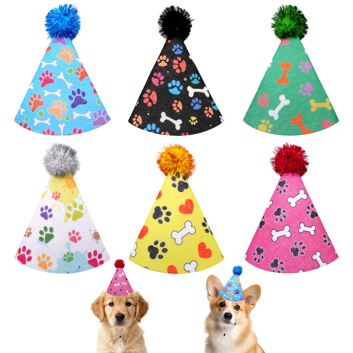 JpGdn 6PCS Dog Birthday Party Hats Felt for Small Medium Dogs Paw Bone