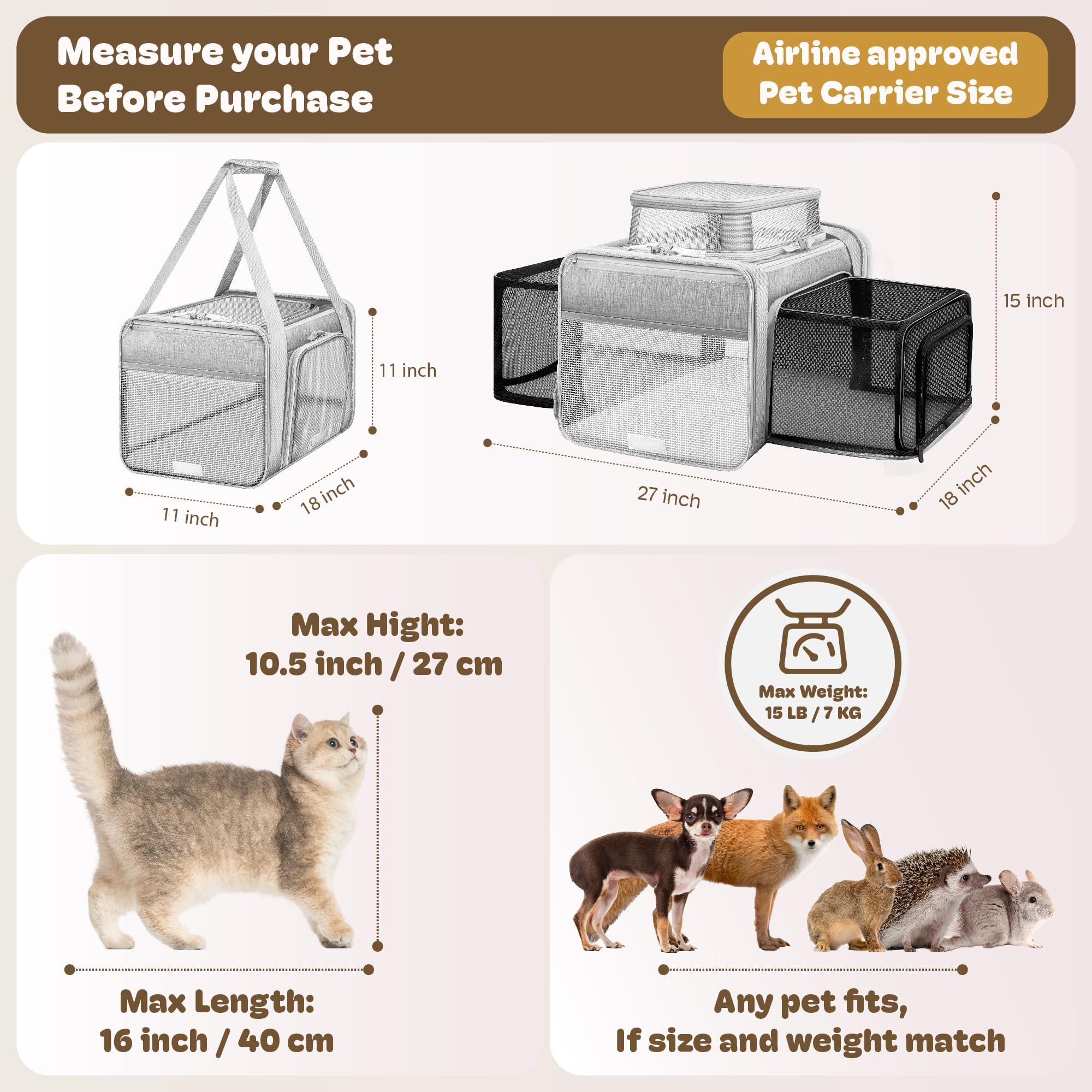 Top and 2 Sides Expandable Cat Carrier 17x11x11 TSA Airline Approved