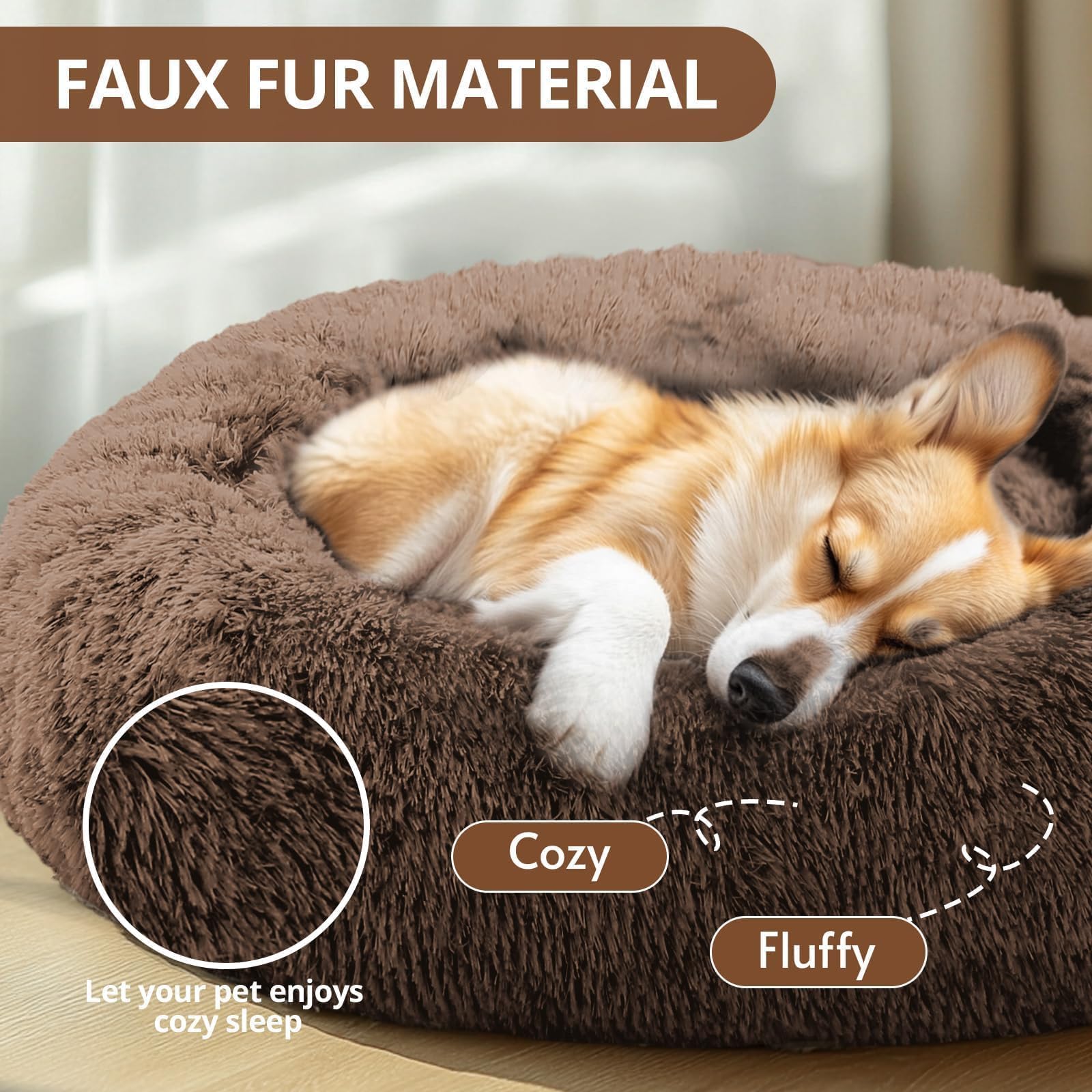 JOLLYVOGUE Calming Dog Beds Large Sized Dog, 36in Donut Washable Large Pet Bed, Anti-Slip & Anti-Anxiety Fluffy Faux Fur Round Dogs Bed, Fits up to 80 lbs Pets (Coffee)