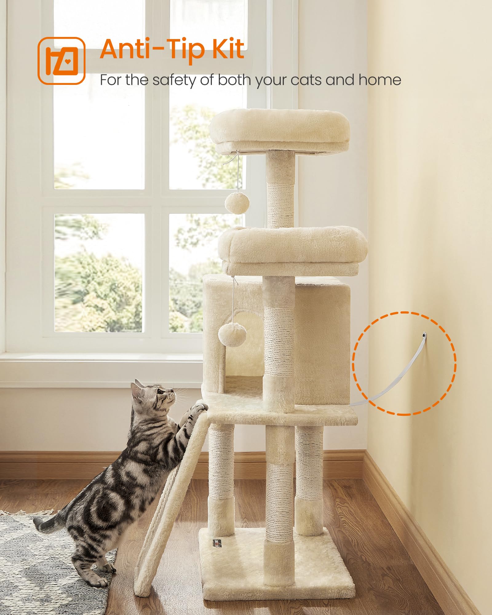 Feandrea Cat Tree, 45.3-Inch Cat Tower, Plush Condo Scratching Post, Beige