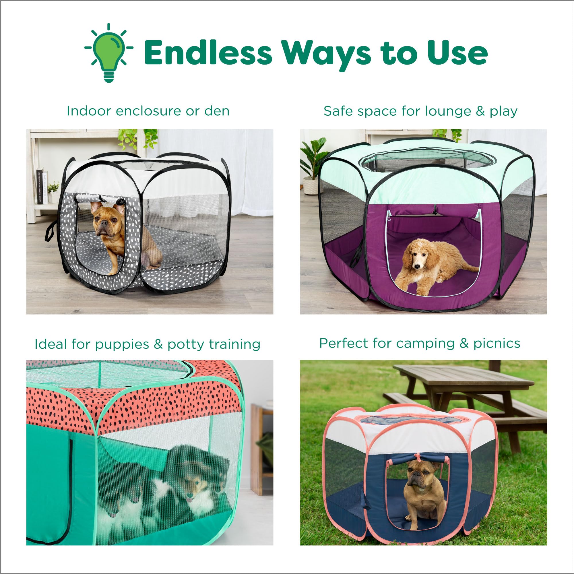Furhaven Portable Dog Playpen Cat Tent, Pet Playground,Kennel Foldable Indoor Outdoor Zippered Puppy Crate - Green & Pink, Medium