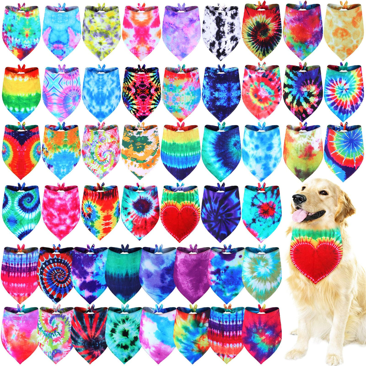 Silkfly 50 Pcs Summer Tie Dye Dog Bandanas Bulk Pet Scarf Grooming, X-Large