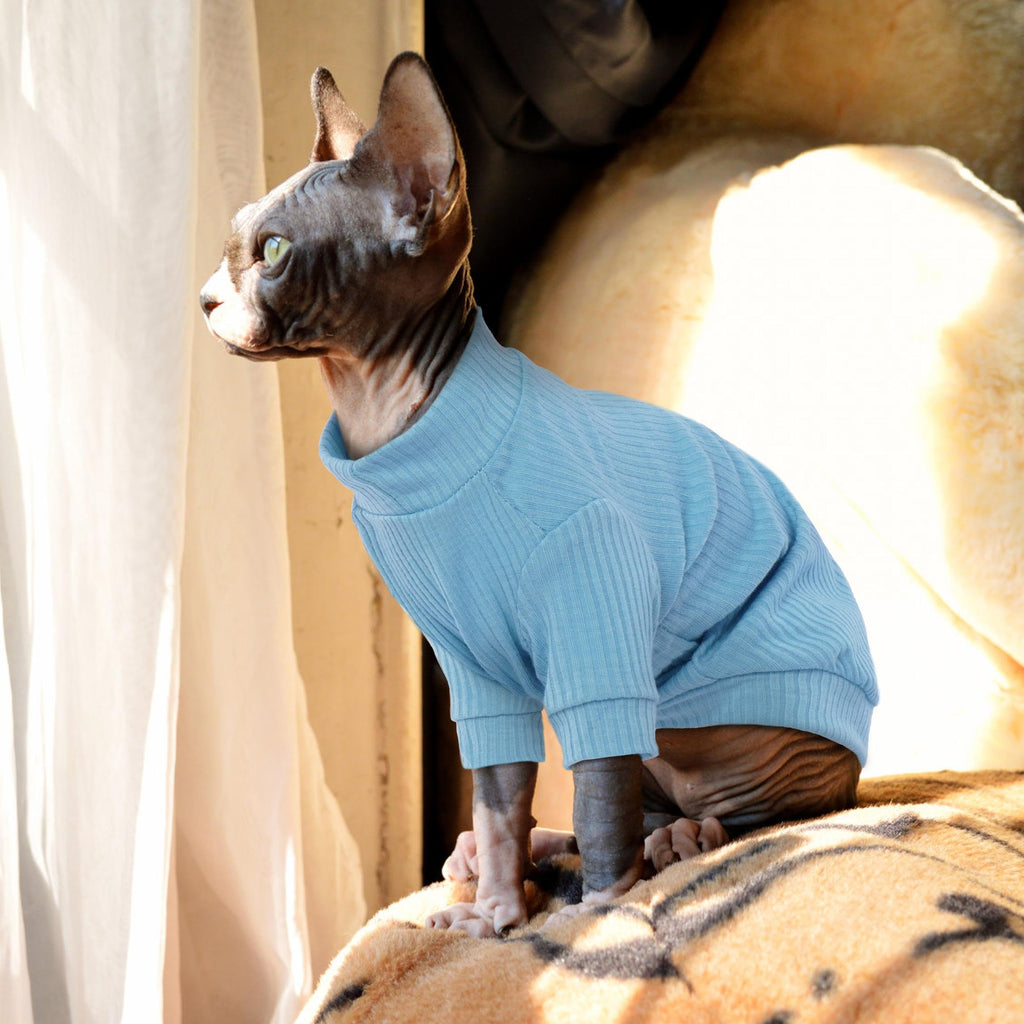 PUMYPOREITY Cat Clothes: Stretchy Shirt, Sweater with Sleeves, Soft Pullover Pajama for Sphynx, Devon Rex Cats - Blue, XS