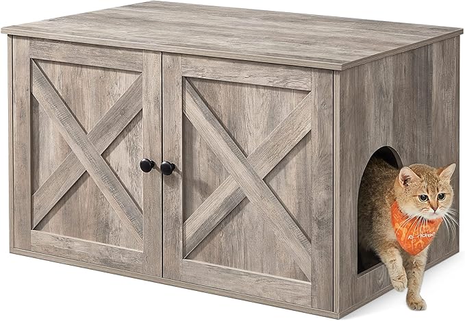 Feandrea Cat Litter Box Enclosure, Litter Box Furniture Hidden with Removable Divider, Indoor Cat House, End Table, 31.5 x 20.9 x 19.7 Inches, Honey Brown and Rustic White UPCL002P01
