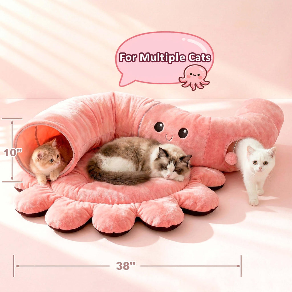 VIEFIN Cat Tunnel Bed with 20 Cat Toys, Collapsible Play Tunnel for Indoor Cats, Kitten Toys for Indoor Kittens, Octopus Shaped