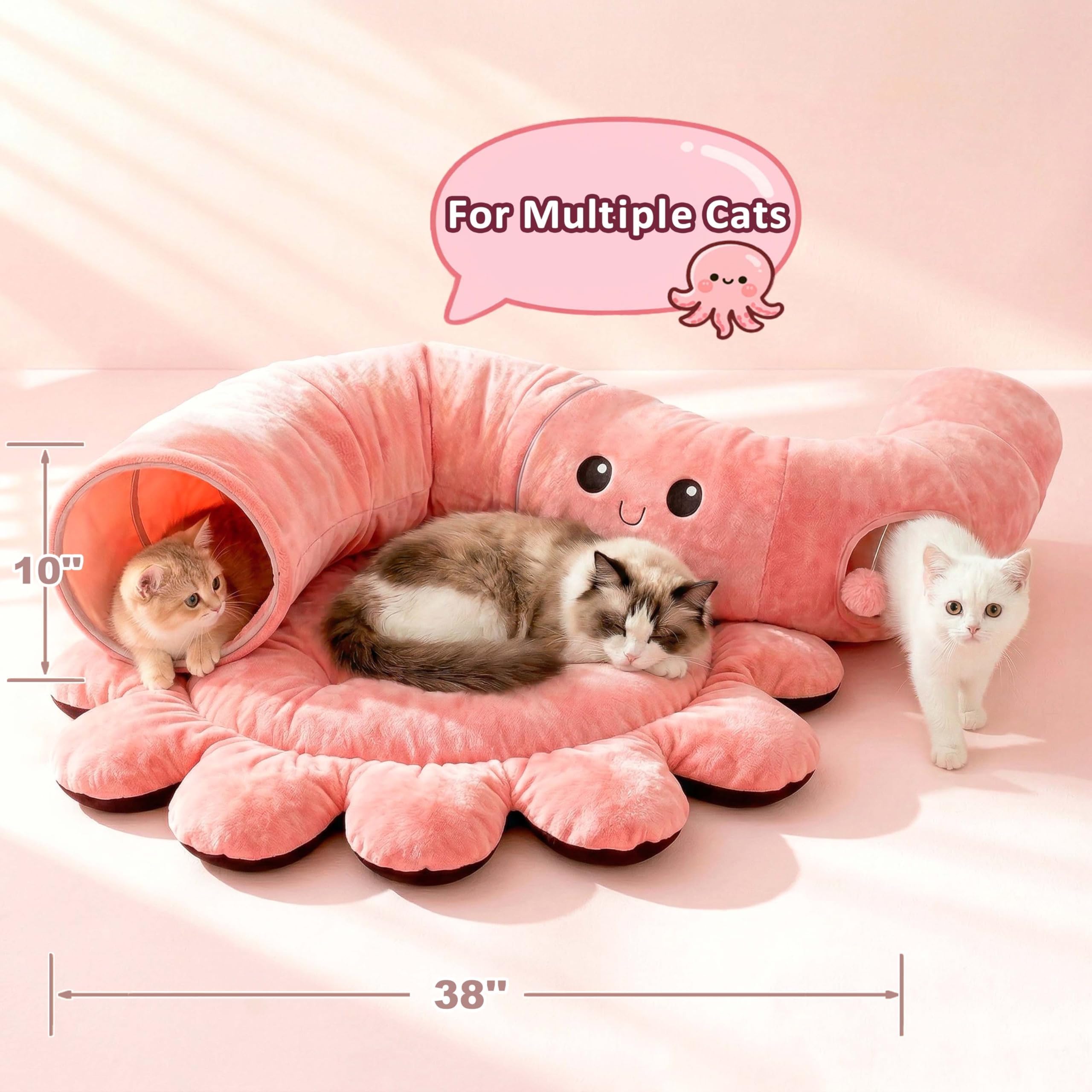 VIEFIN Cat Tunnel Bed with 20 Cat Toys, Collapsible Play Tunnel for Indoor Cats, Kitten Toys for Indoor Kittens, Octopus Shaped