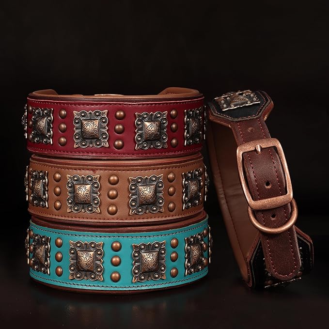 PET ARTIST Soft Padded Leather Dog Collar, 2 inch Wide Genuine Leather Dog Collars with Stylish Studded Rivet & Metal Buckle, Luxury & Adjustable Pet Collars for Medium Dogs,Green,Neck 16-19"