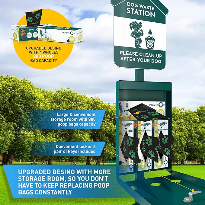 IMPACTHOR Dog Waste Station Outdoor Pet Waste Station- Desing With 4 Holes And 800 Dog Poop Bags, 50 Waste Can Liners, 3 Poop Bag Holders & 2 Set Of Keys, For Commercial Use, Parks, Condos & HOA