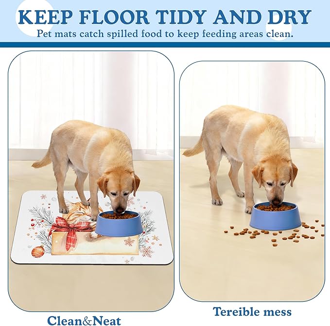 Cat Dog Cat Food Mat–Absorbent Waterproof Placemat for Food and Water Bowls, Non Slip Rubber Backing, Feeding Mat for Clean Floors 12"x20"