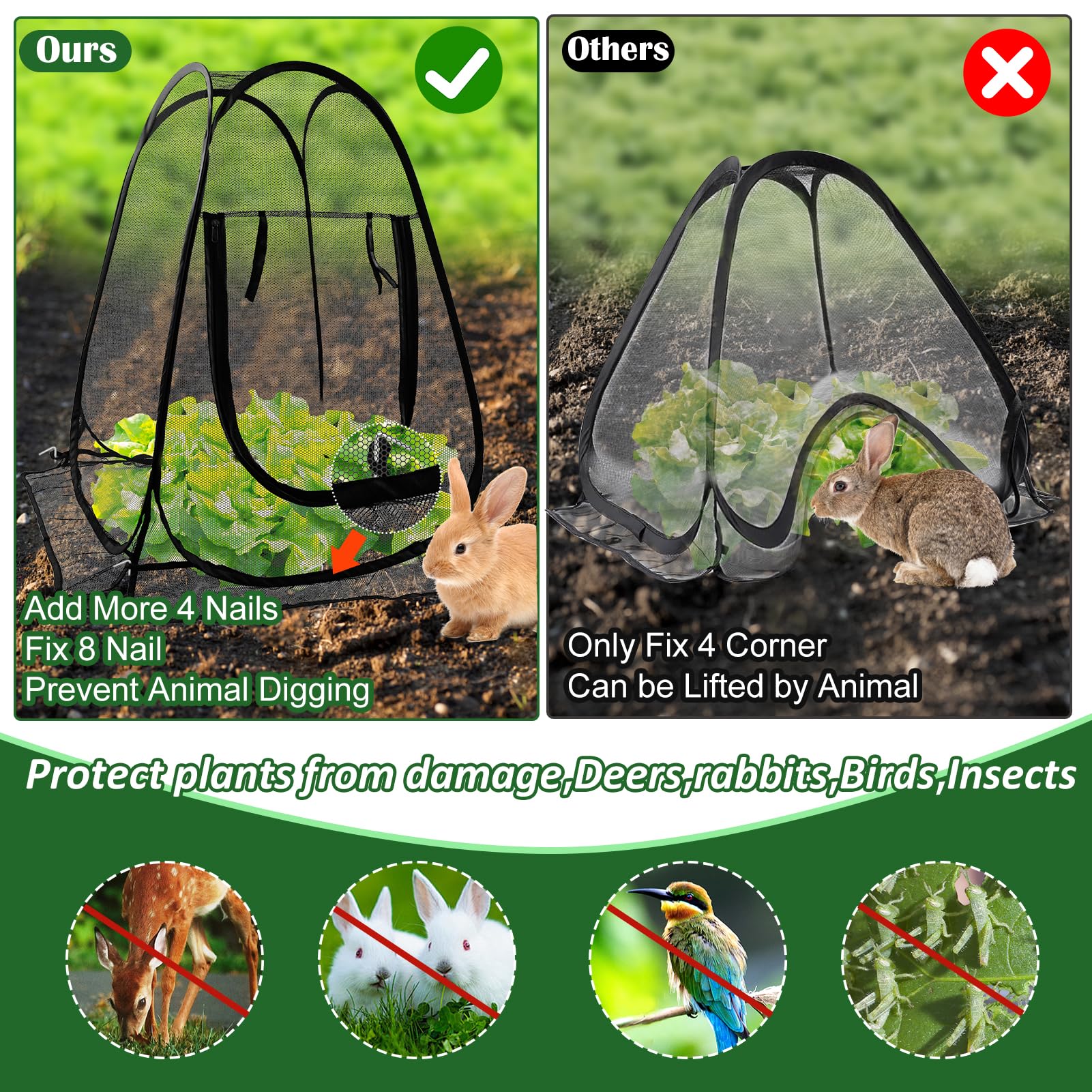 Pop Up Mesh Plant Protectors from Animals,Large Plant Netting Guard Cover with 8 Stake Crop Cage Fine Mesh Plant Tents for Protect Flower Tomato Vegetable from Deer Cat Bird Squirrel, 28x28x34 in